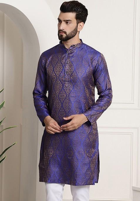 Blue Ethnic Motifs Jacquard Kurta For Men