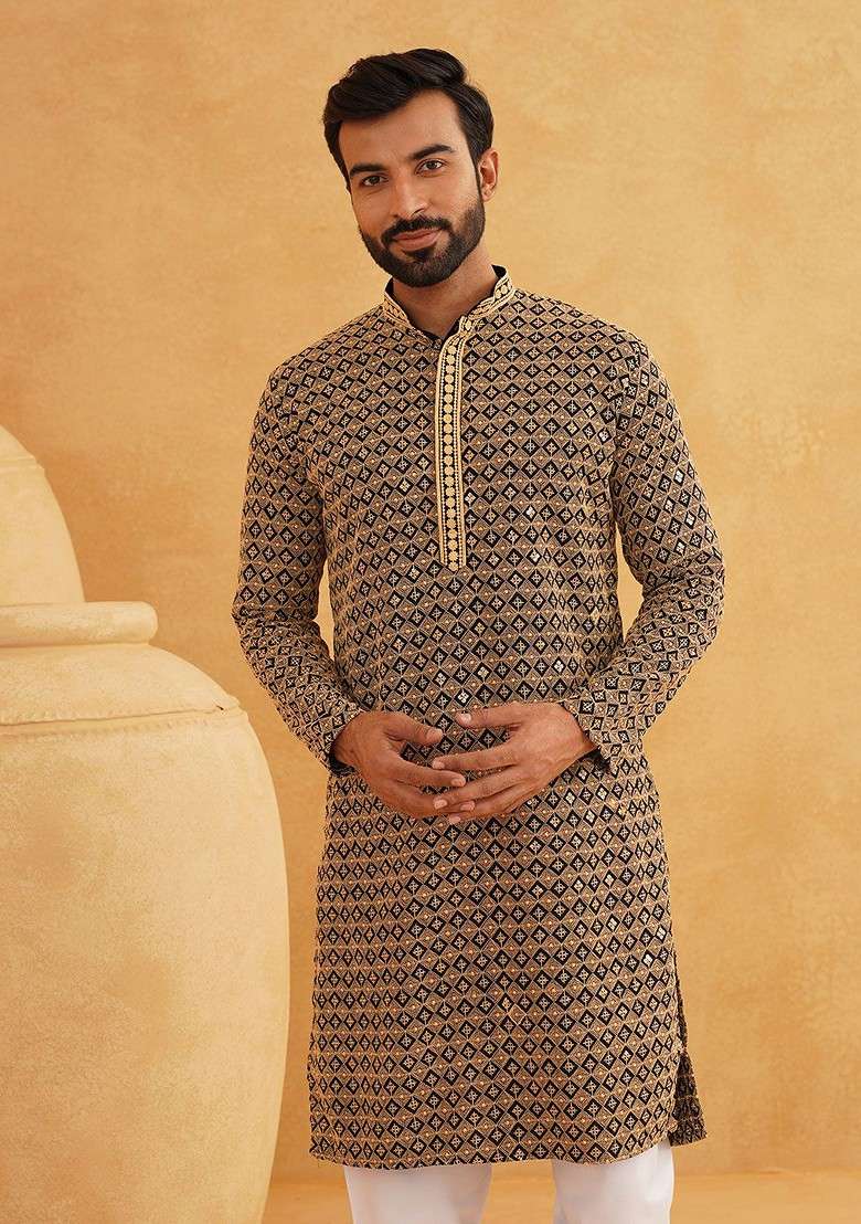 Navy Blue Embroidered Cotton Kurta For Men - Indya