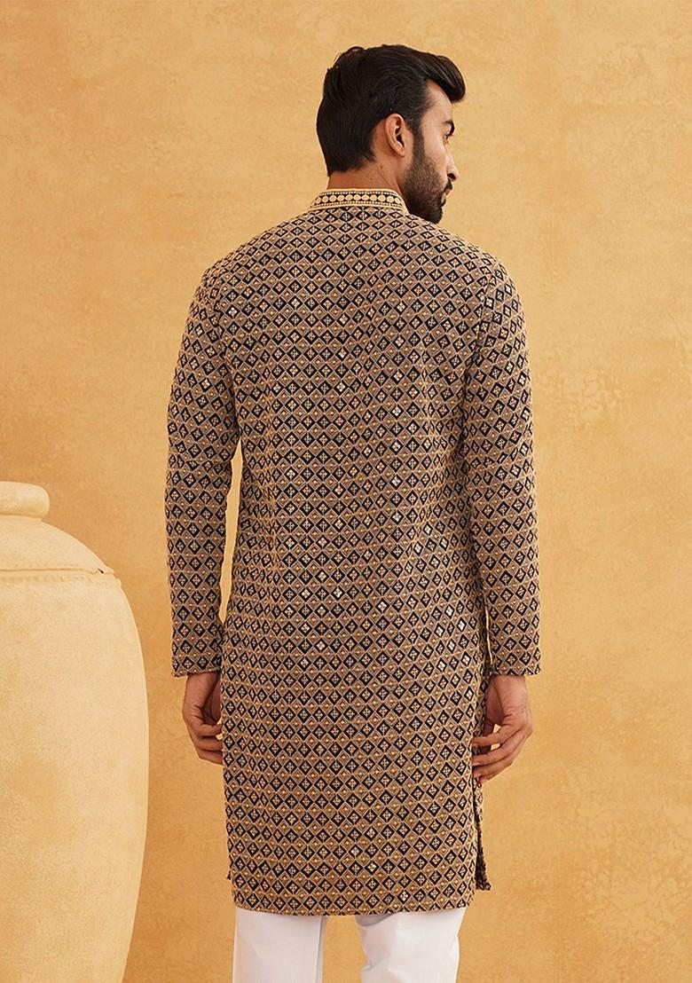 Navy Blue Embroidered Cotton Kurta For Men