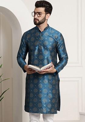 Blue Printed Poly Blend Kurta For Men