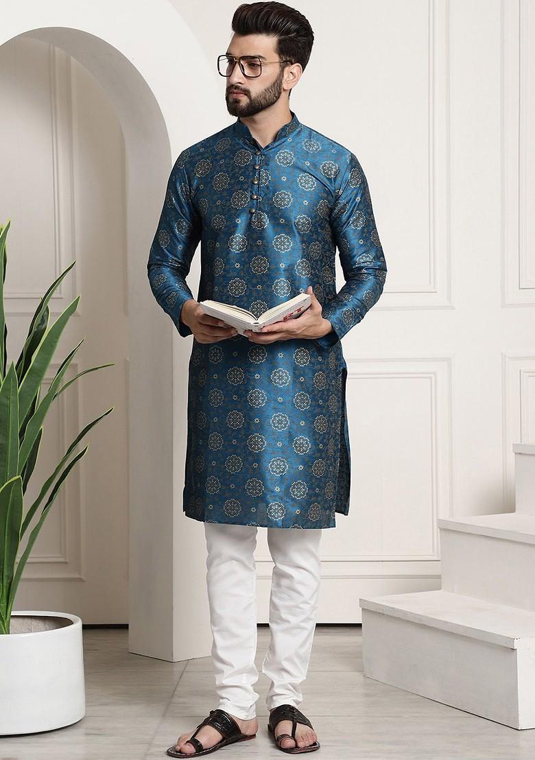 Blue Printed Poly Blend Kurta For Men