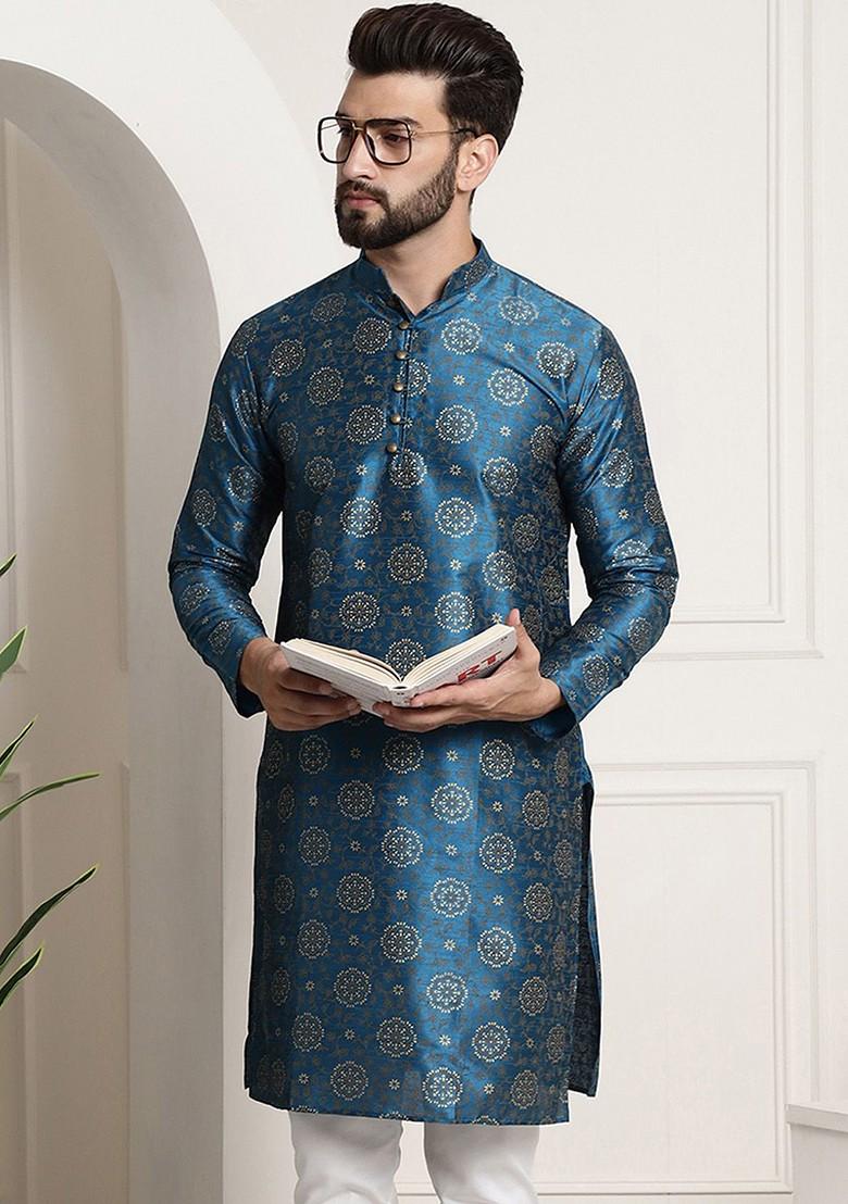 Blue Printed Poly Blend Kurta For Men