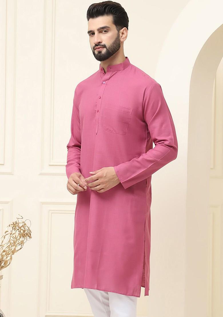 Pink Solid Poly Blend Kurta For Men