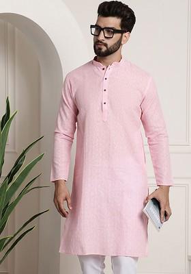 Pink Checked Poly Blend Kurta For Men