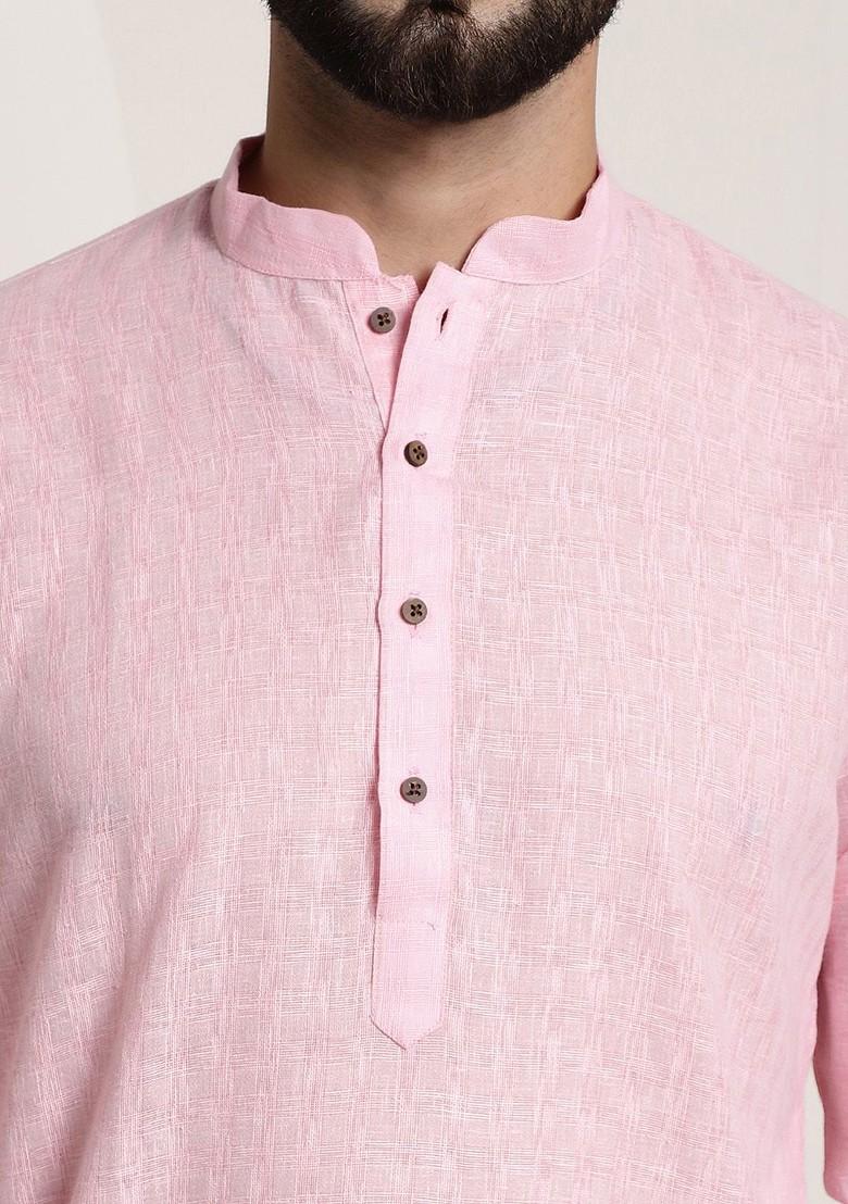 Pink Checked Poly Blend Kurta For Men