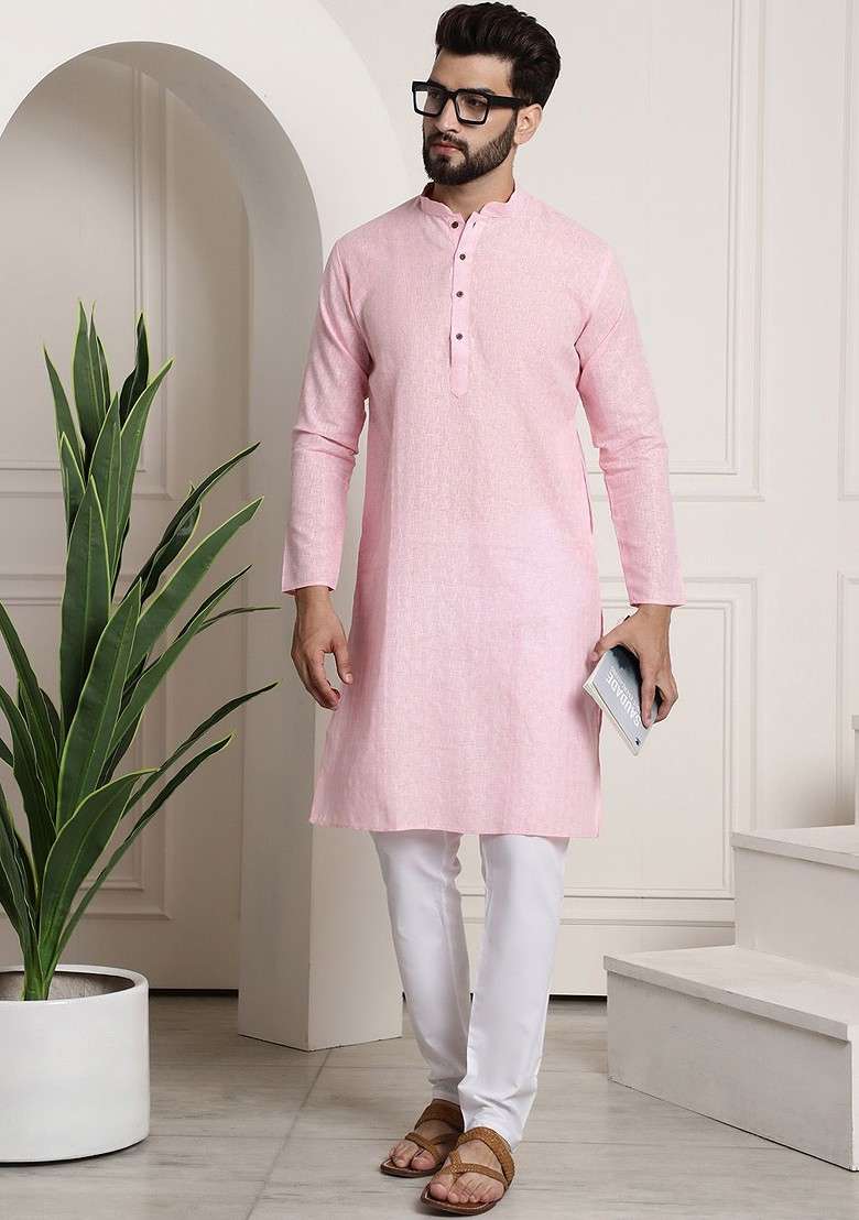 Pink Checked Poly Blend Kurta For Men - Indya