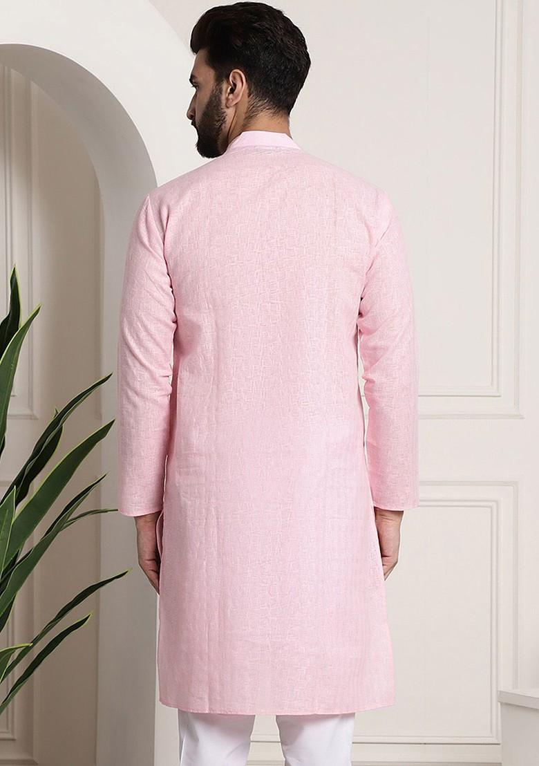 Pink Checked Poly Blend Kurta For Men