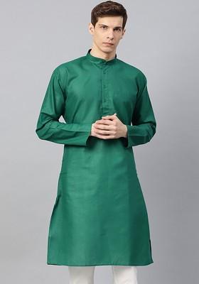 Green Solid Poly Blend Kurta For Men