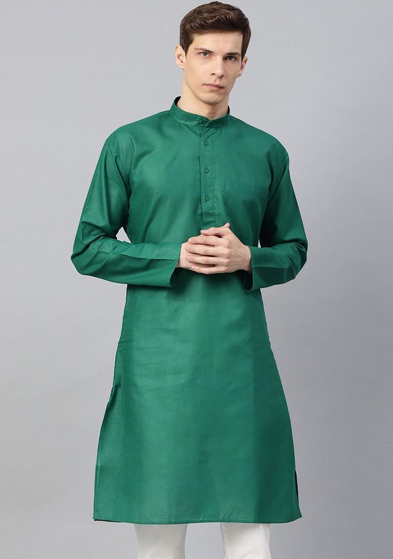 Green Solid Poly Blend Kurta For Men