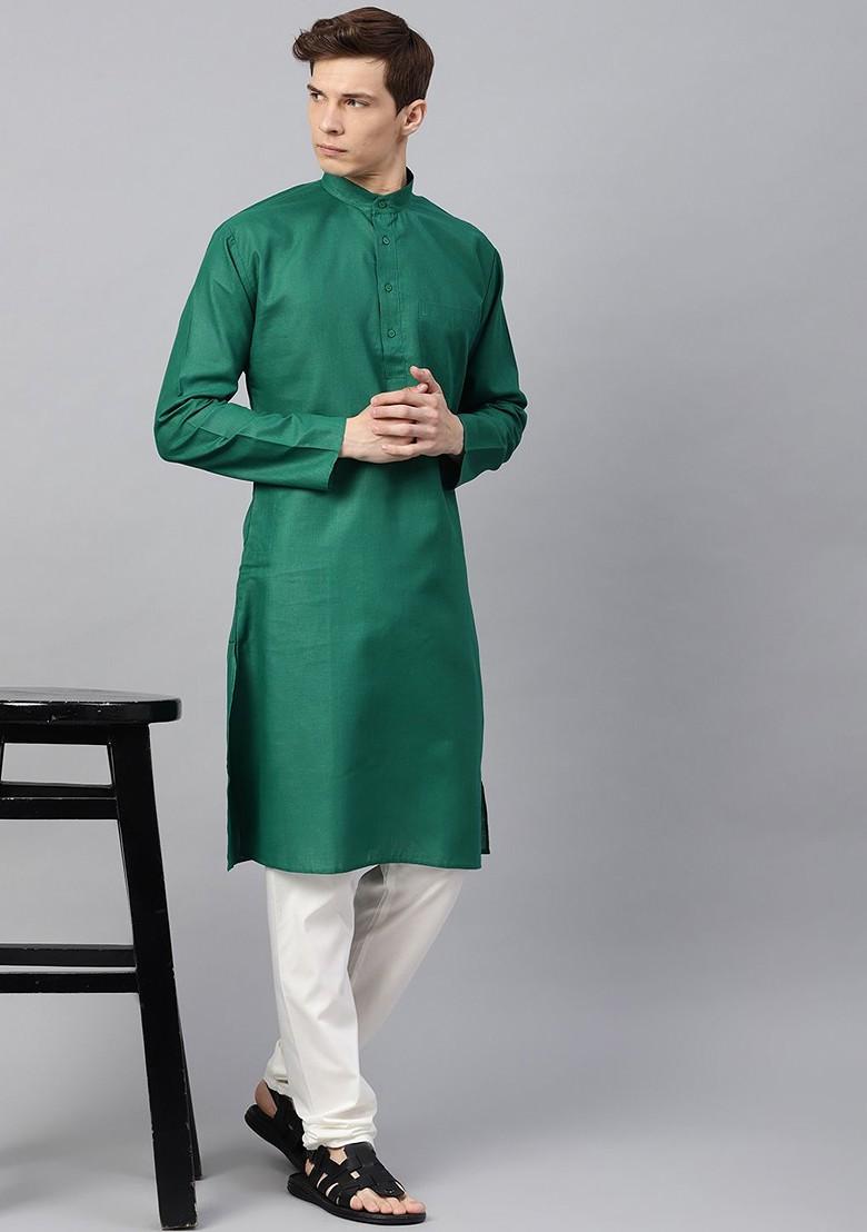 Green Solid Poly Blend Kurta For Men