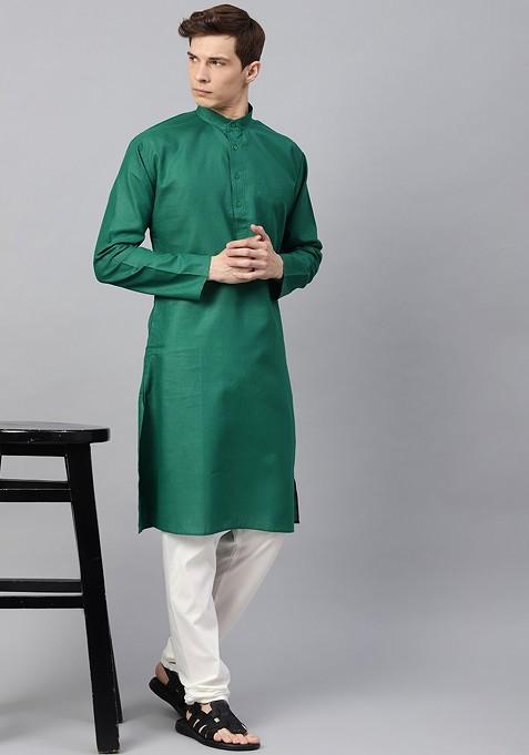 Green Solid Poly Blend Kurta For Men