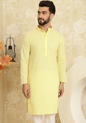 Yellow Embroidered Cotton Kurta For Men