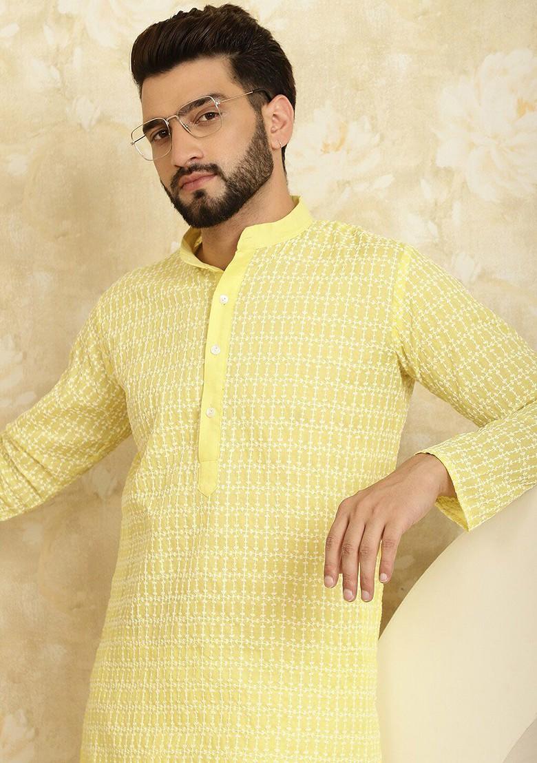 Yellow Embroidered Cotton Kurta For Men