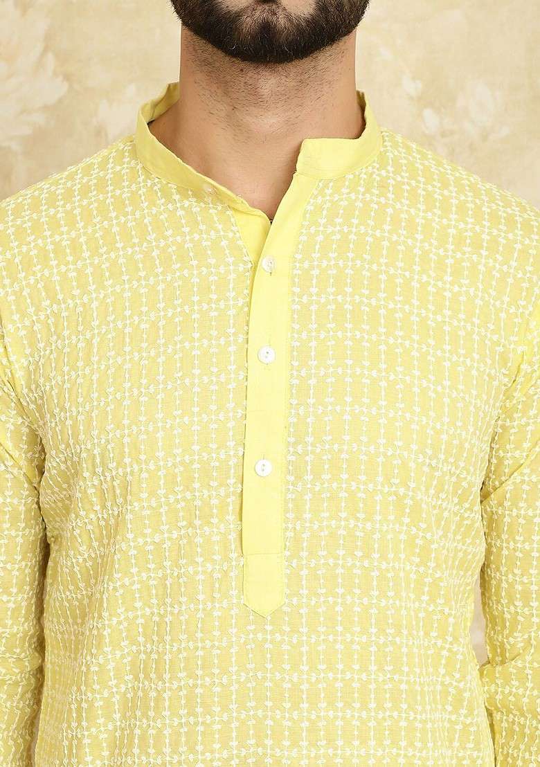 Yellow Embroidered Cotton Kurta For Men - Indya