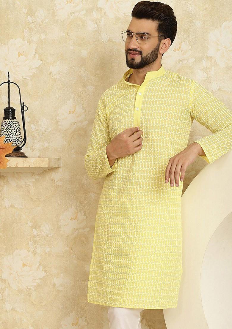 Yellow Embroidered Cotton Kurta For Men