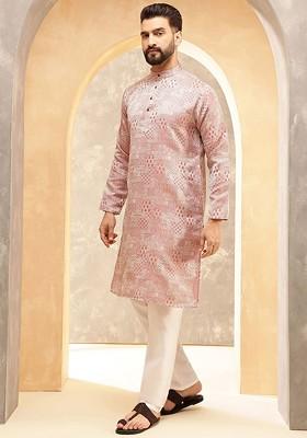 Peach Ethnic Motifs Silk Kurta For Men