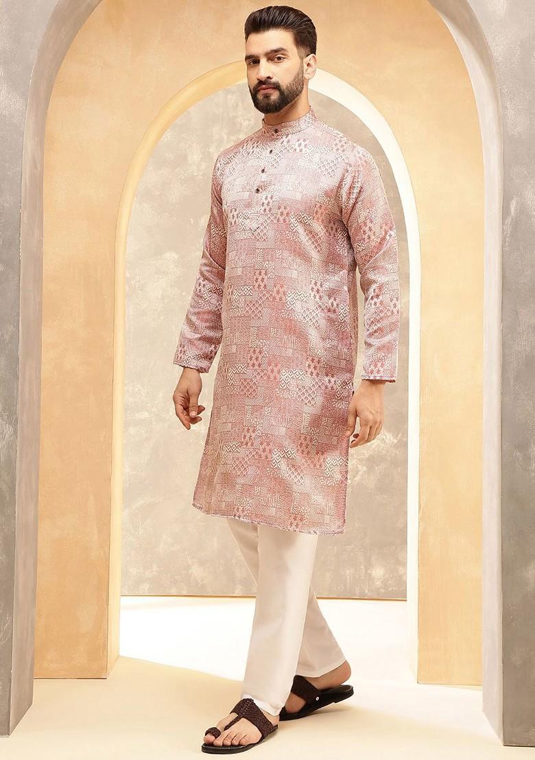 Peach Ethnic Motifs Silk Kurta For Men
