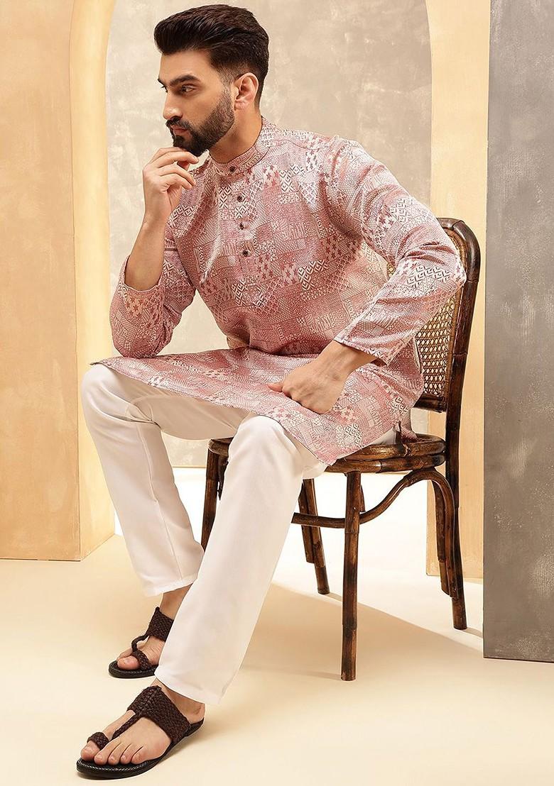 Peach Ethnic Motifs Silk Kurta For Men