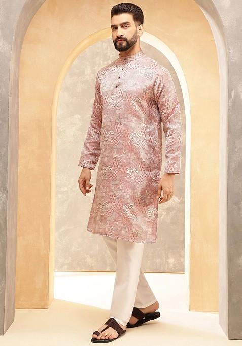 Peach Ethnic Motifs Silk Kurta For Men