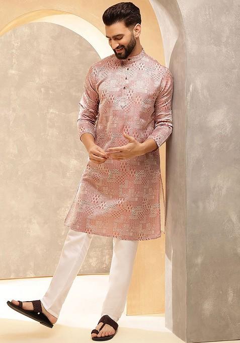 Peach Ethnic Motifs Silk Kurta For Men