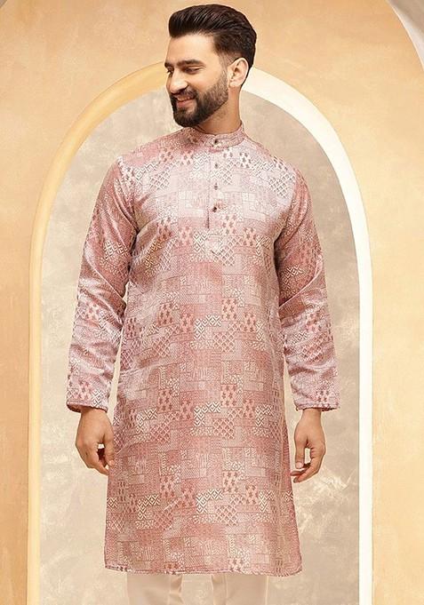 Peach Ethnic Motifs Silk Kurta For Men