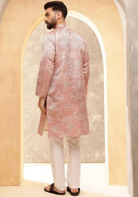 Peach Ethnic Motifs Silk Kurta For Men