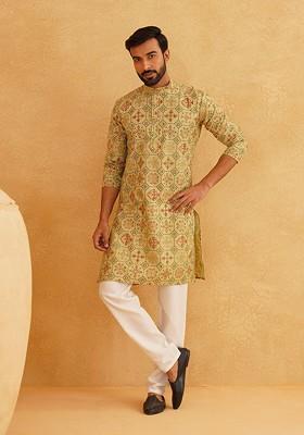 Green Ethnic Motifs Poly Blend Kurta For Men