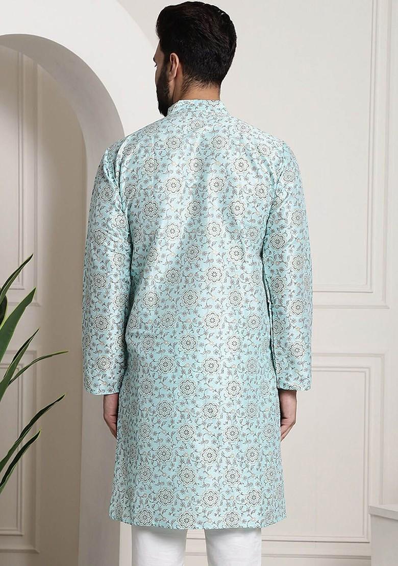 Sea Green Woven Cotton Kurta For Men