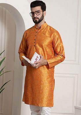 Orange Printed Poly Blend Kurta For Men
