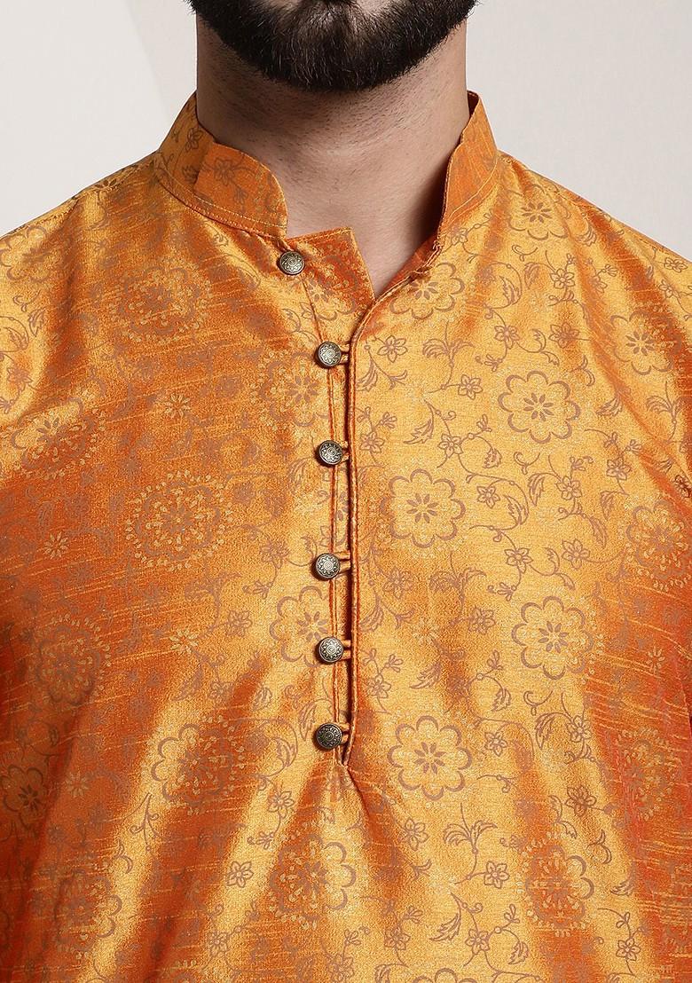Orange Printed Poly Blend Kurta For Men