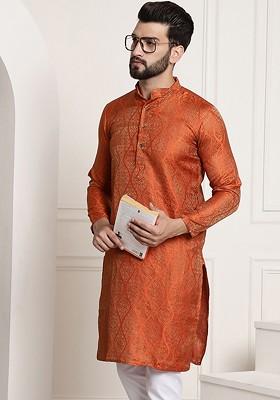 Orange Ethnic Motifs Poly Blend Kurta For Men