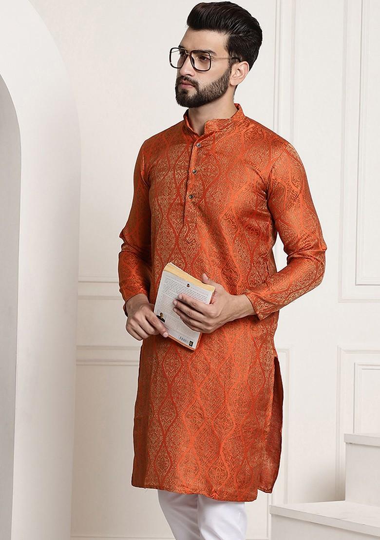 Orange Ethnic Motifs Poly Blend Kurta For Men