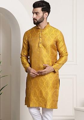 Mustard Woven Jacquard Kurta For Men
