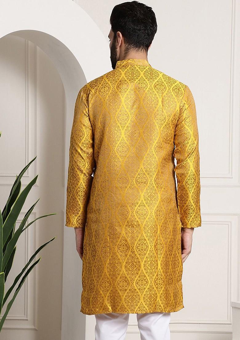 Mustard Woven Jacquard Kurta For Men