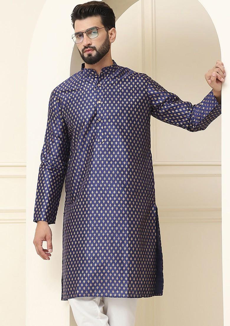 Navy Blue Ethnic Motifs Poly Blend Kurta For Men