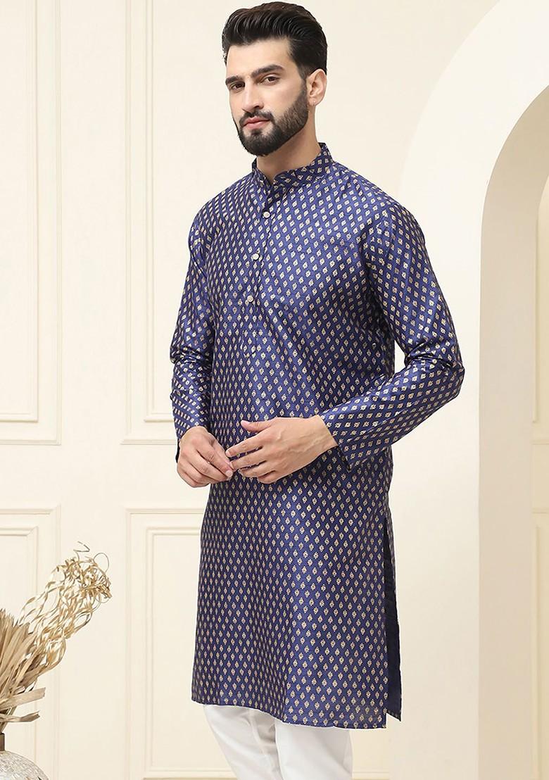 Navy Blue Ethnic Motifs Poly Blend Kurta For Men