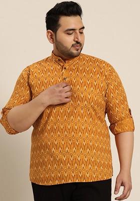 Mustard Printed Cotton Kurta For Men