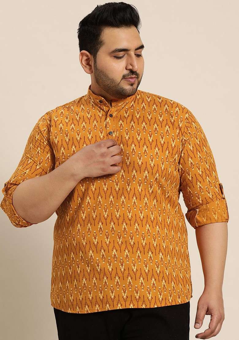 Mustard Printed Cotton Kurta For Men - Indya
