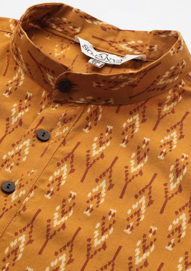 Mustard Printed Cotton Kurta For Men - Indya