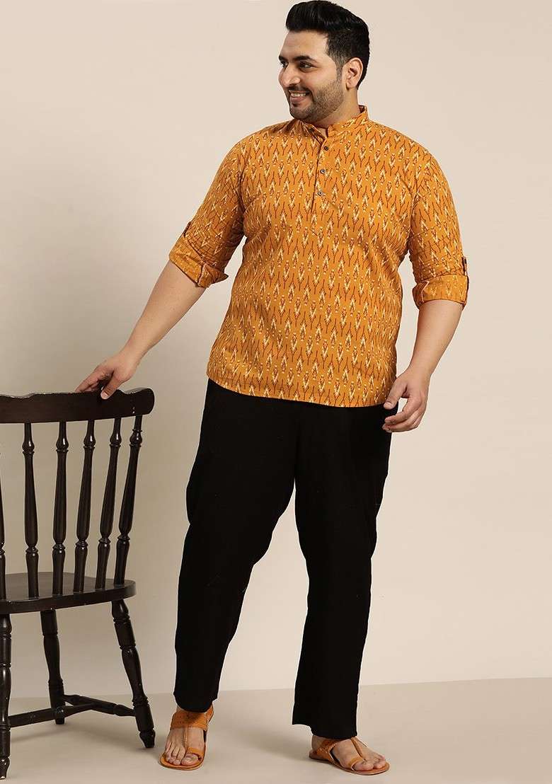 Mustard Printed Cotton Kurta For Men - Indya