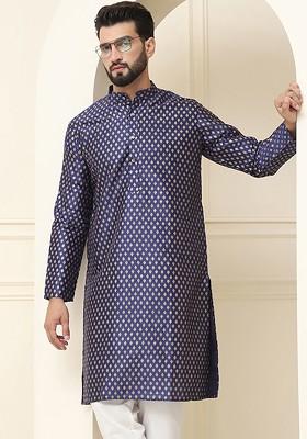Navy Blue Ethnic Motifs Poly Blend Kurta For Men