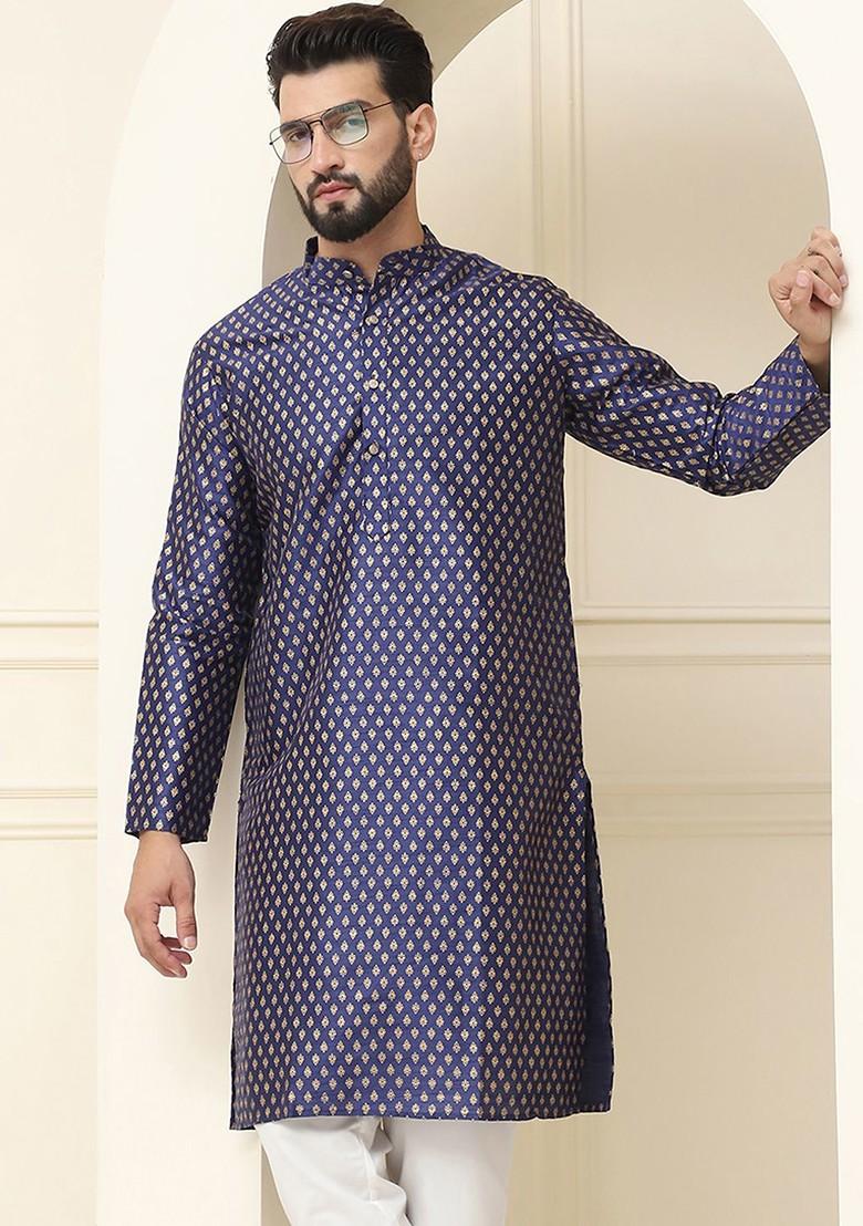 Navy Blue Ethnic Motifs Poly Blend Kurta For Men