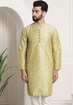Green Printed Cotton Kurta For Men