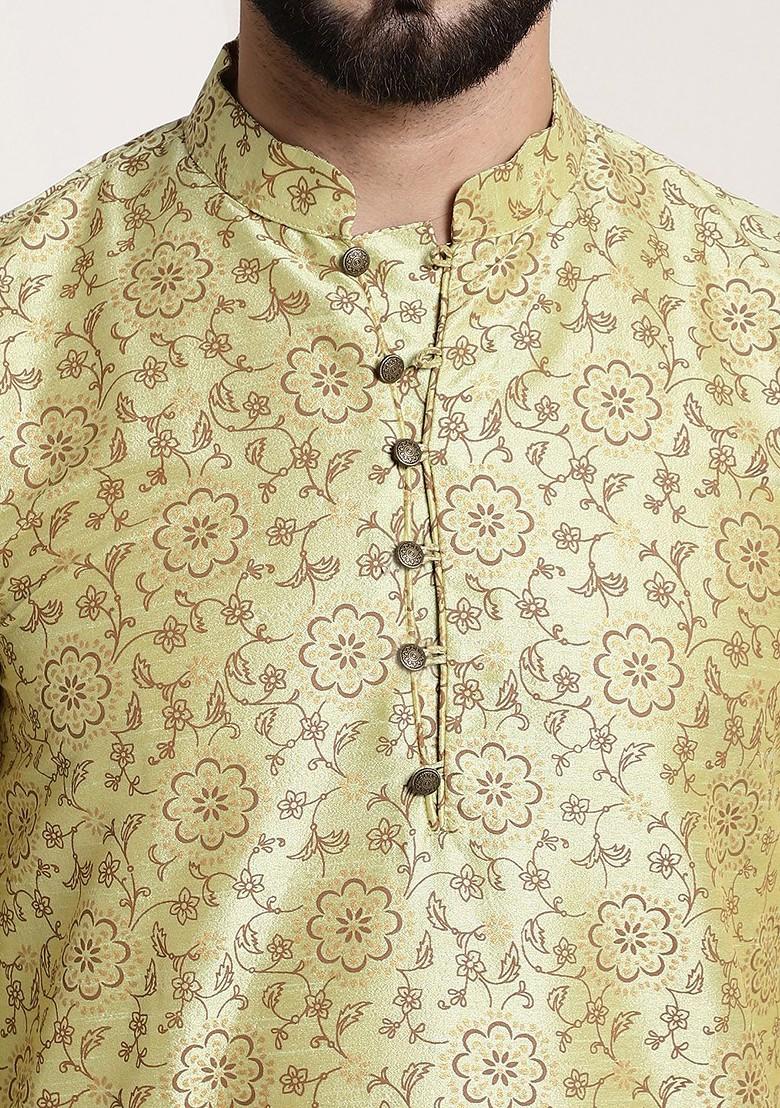 Green Printed Cotton Kurta For Men