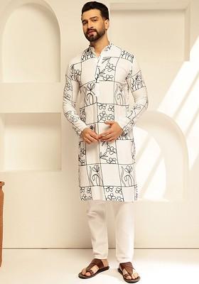 White Thread Work Cotton Kurta For Men