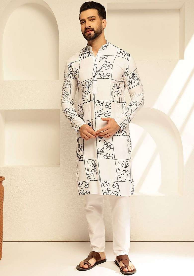 White Thread Work Cotton Kurta For Men - Indya