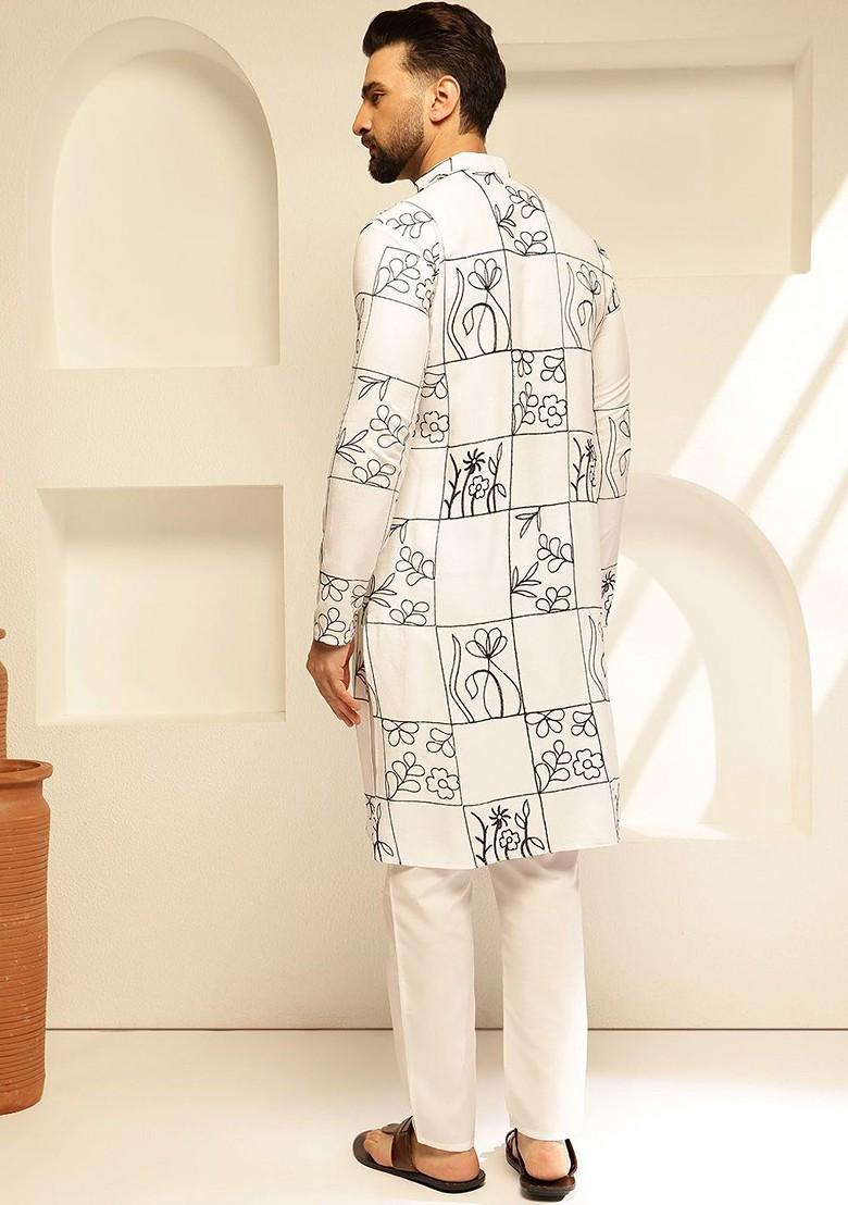 White Thread Work Cotton Kurta For Men
