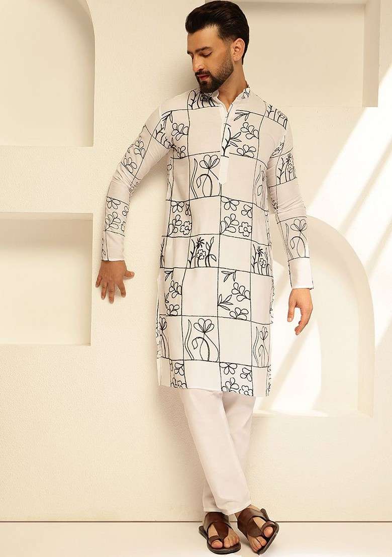 White Thread Work Cotton Kurta For Men - Indya