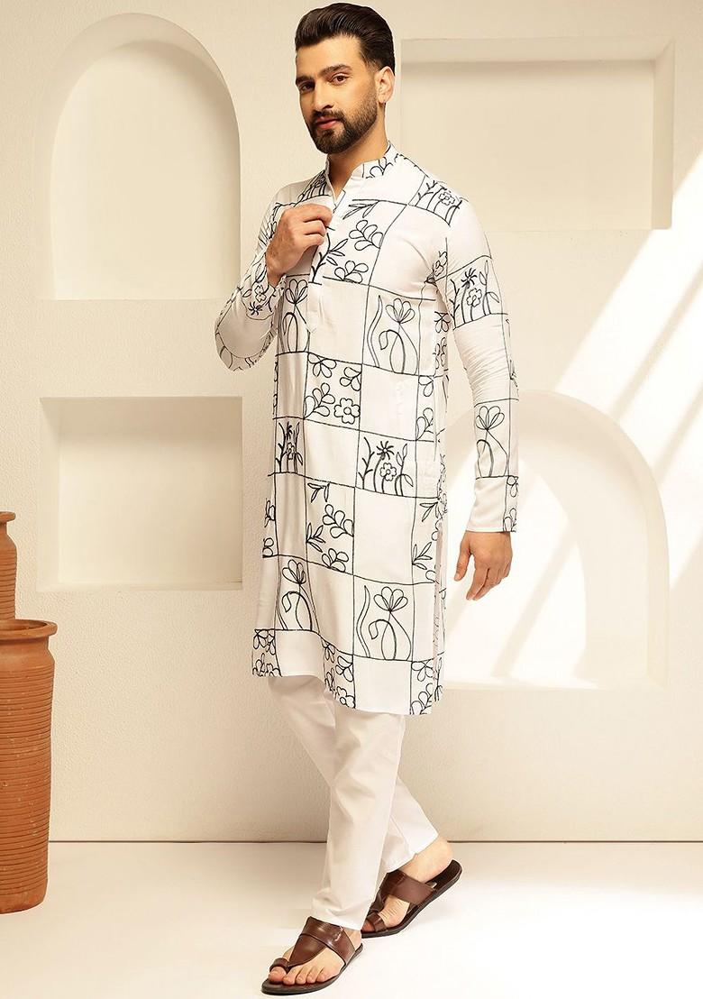 White Thread Work Cotton Kurta For Men