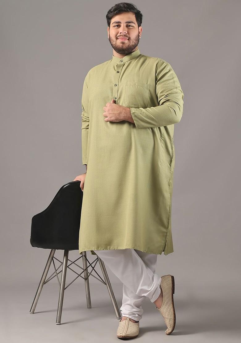 Green Solid Cotton Kurta For Men